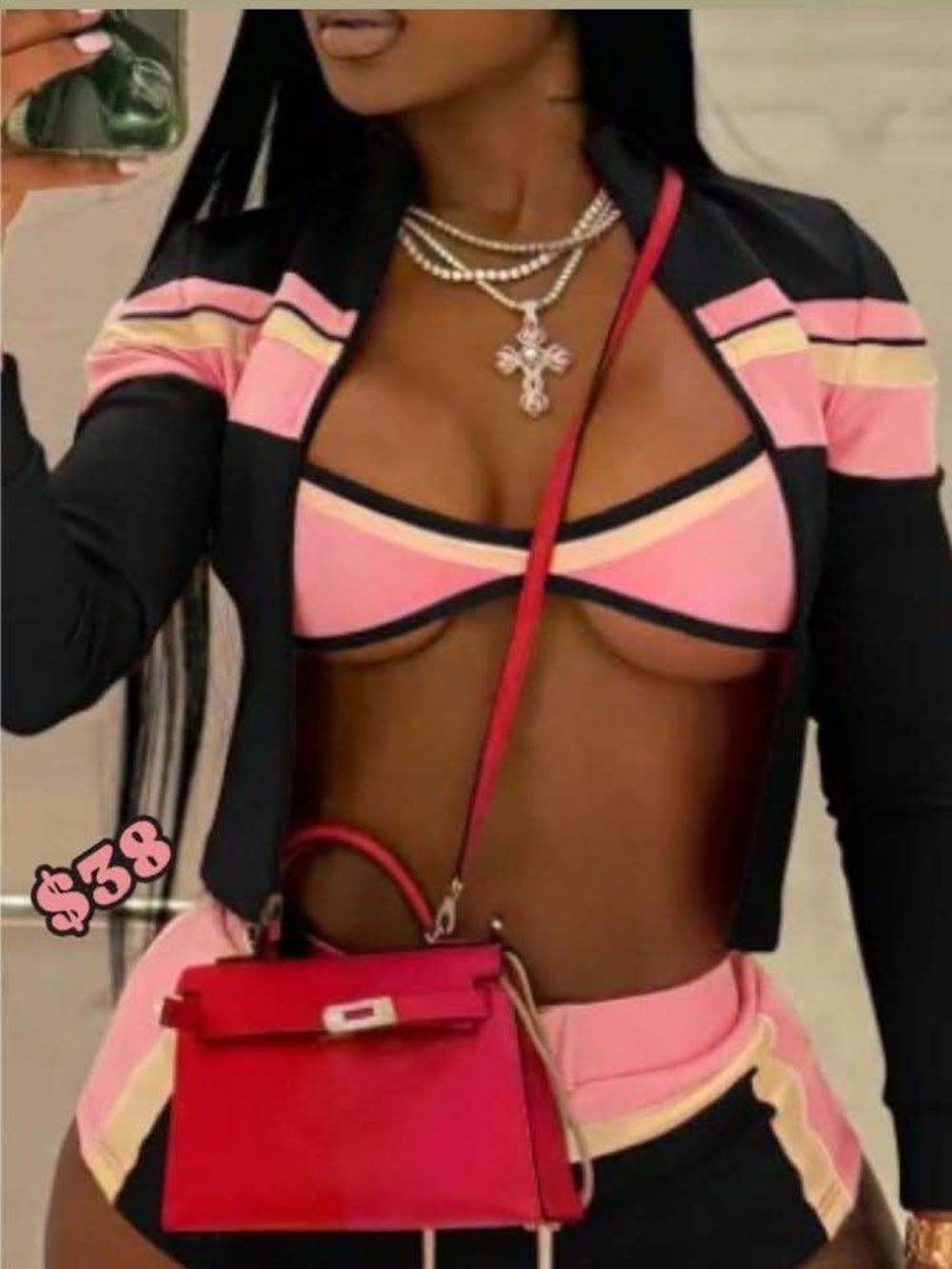 Pink and Black Three-Piece Sporty Crop Top Set